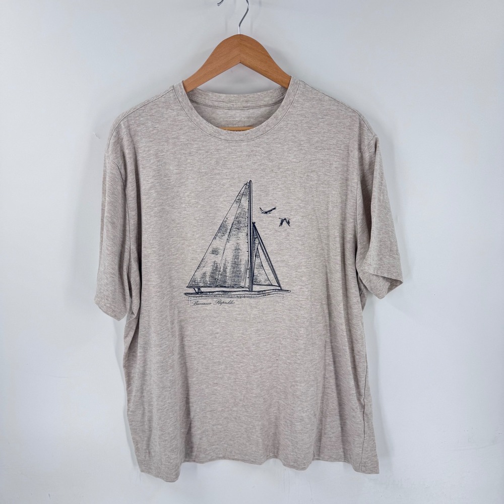Banana Republic Sailboat Graphic Tee Heather Tan XL Coastal Nautical Minimalist